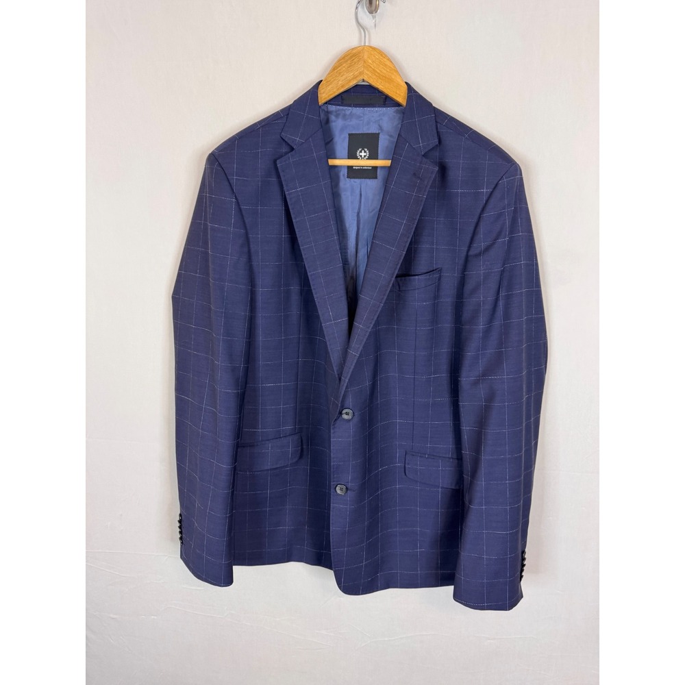Strellson Aron Slim Fit Navy Blue‎ Windowpane Virgin Wool Blazer Jacket Men 44